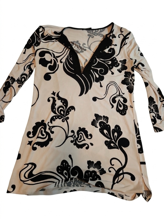 Tahari Tops - Tahari Cream Tunic with Black Floral Print - V-Neck
